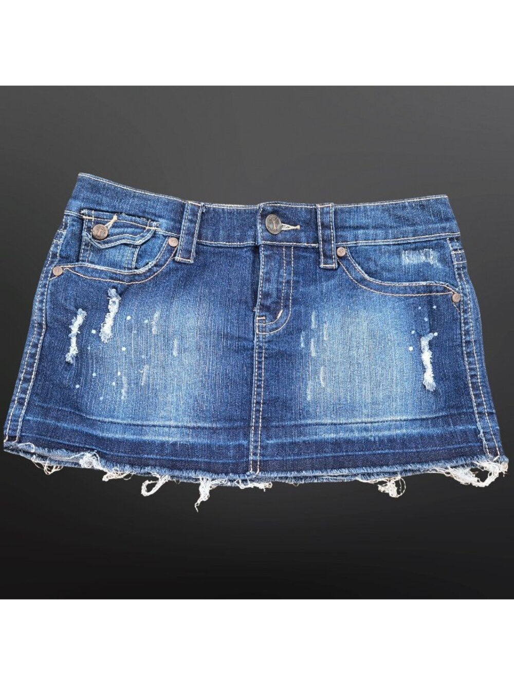 Y2K Micro Mini Skirt Low Rise Distressed Denim Size 3 Flap Pockets 2000s